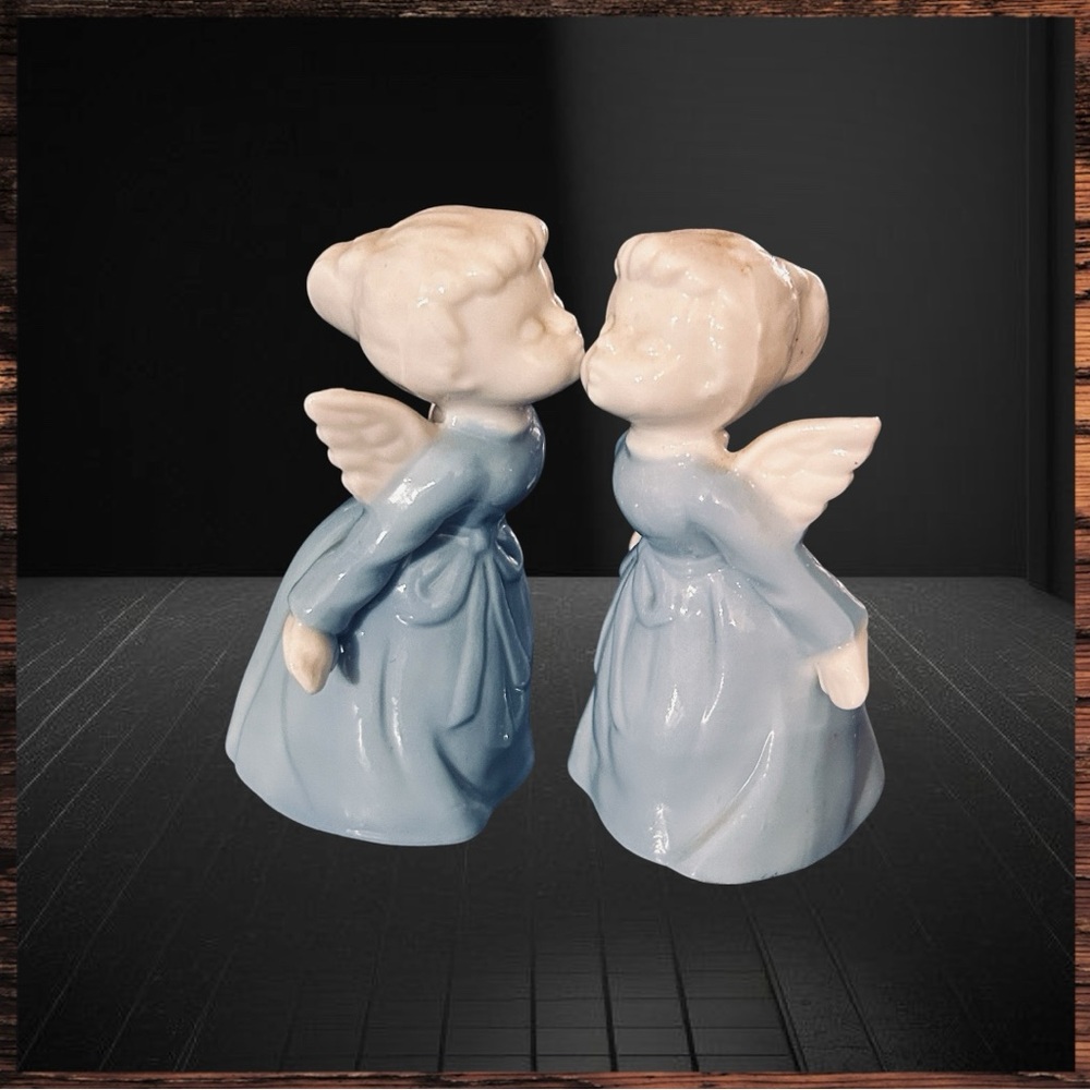 Vintage Enesco Pair of Porcelain Kissing Angel Figurines